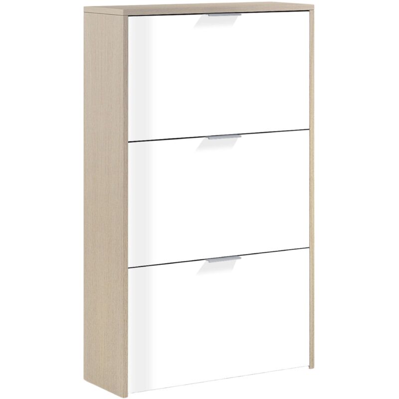Mobimarket - Meuble à chaussures 3 portes battantes blanc brillant et chêne organiseur de chaussures couloir chambre 113x60x22 cm