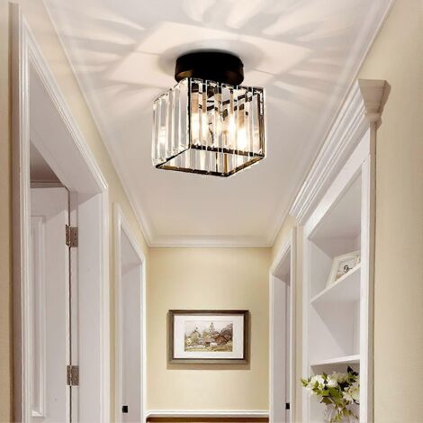 KLVGTIFS PU - Plafonnier moderne en cristal pour entrée, mini lustre en cristal E27, lampe de plafond LED carrée (noir)