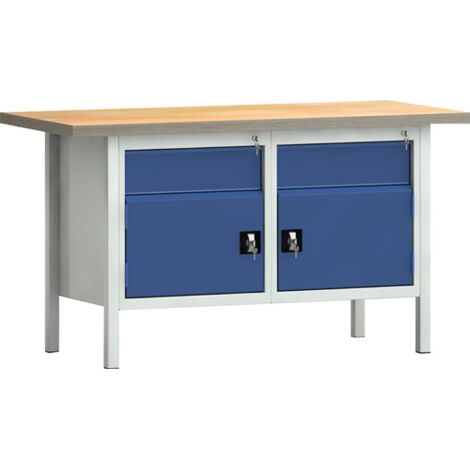 KLW-LUTZ BETRIEBSEINRICHTUNGEN Werkbank PW 700 B1500xT700xH840mm Buche Multiplex grau enzianblau 2Schubl.2Türen - WNS177N-1500M40-E1650 7035/501