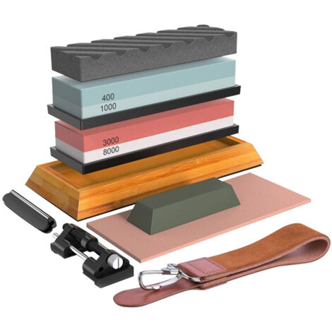 Knife Sharpening Stone Set, 2-Sided 400/1000 3000/8000 Grit Sharpening Stone Kit for Knives with Non-Slip Bamboo Base, Flattening Stone, Angle Guide, Honing Leather, Cut Resistant Glove
