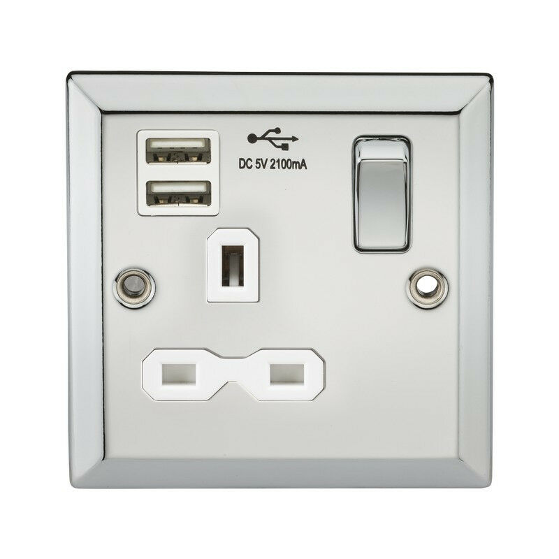 

Knightsbridge 13A 1G Enchufe conmutado Ranuras de cargador USB dobles con inserto blanco - Borde biselado Cromo pulido