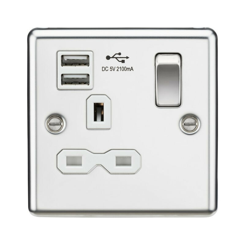 

13A 1G Enchufe conmutado Ranuras de cargador USB dobles con inserto blanco - Cromo pulido de borde redondeado - Knightsbridge