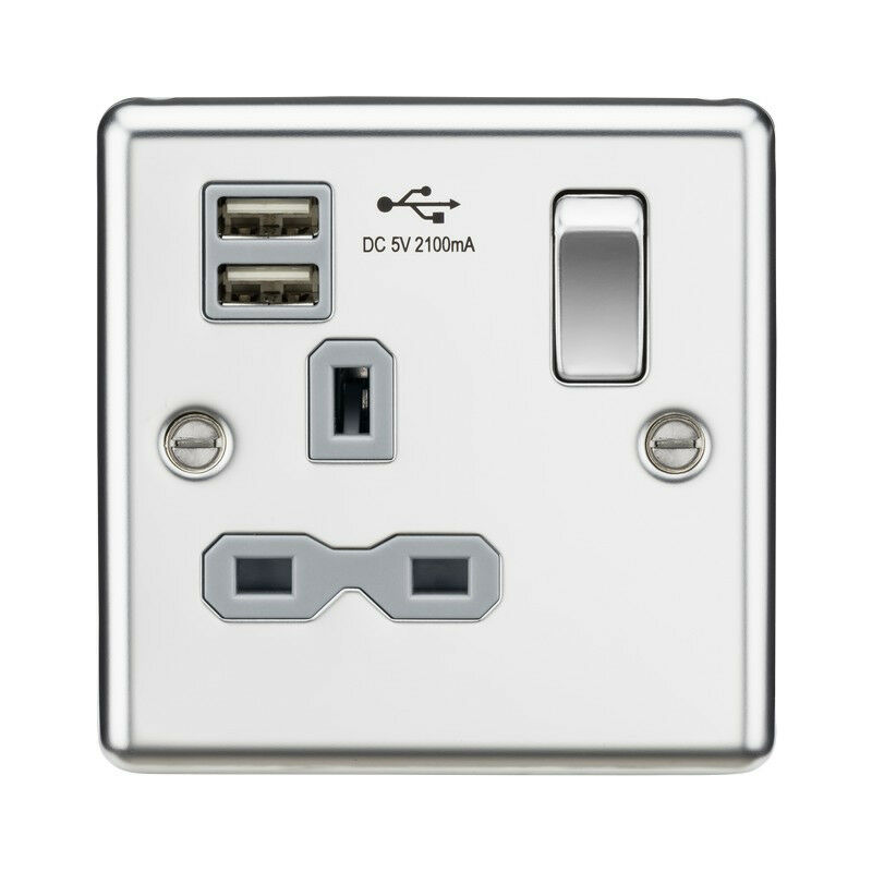 

13A 1G Enchufe conmutado Ranuras de cargador USB dobles con inserto gris - Cromo pulido de borde redondeado - Knightsbridge