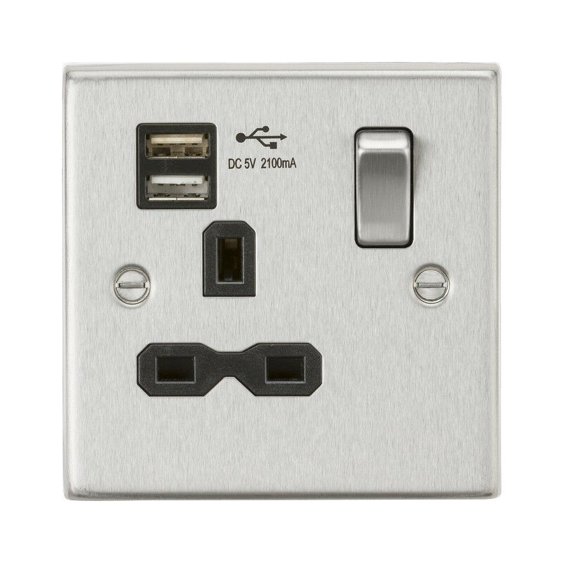Knightsbridge 13A 1G Switched Socket Dual USB Charger (2.1A) with Black Insert - Square Edge Brushed Chrome