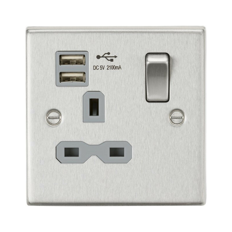 Knightsbridge 13A 1G Switched Socket Dual USB Charger (2.1A) with Grey Insert - Square Edge Brushed Chrome