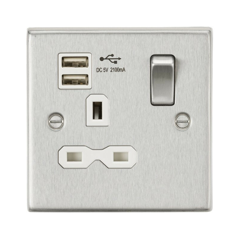 Knightsbridge 13A 1G Switched Socket Dual USB Charger (2.1A) with White Insert - Square Edge Brushed Chrome