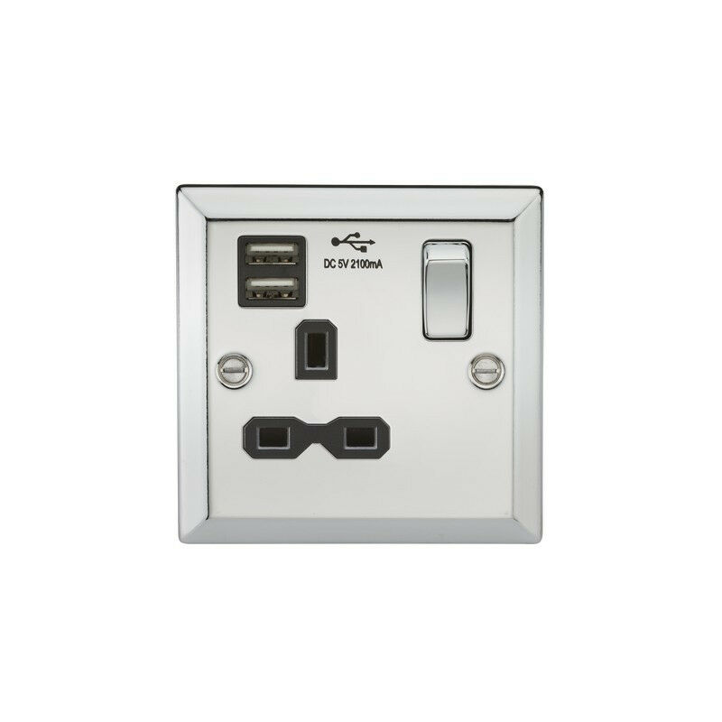 Knightsbridge 13A 1G Switched Socket Dual USB Charger Slots with Black Insert - Bevelled Edge Polished Chrome