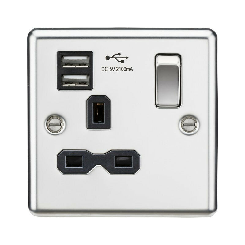 13A 1G Switched Socket Dual USB Charger Slots with Black Insert - Rounded Edge Polished Chrome - Knightsbridge