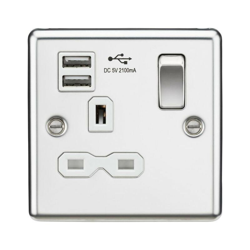 13A 1G Switched Socket Dual USB Charger Slots with White Insert - Rounded Edge Polished Chrome - Knightsbridge