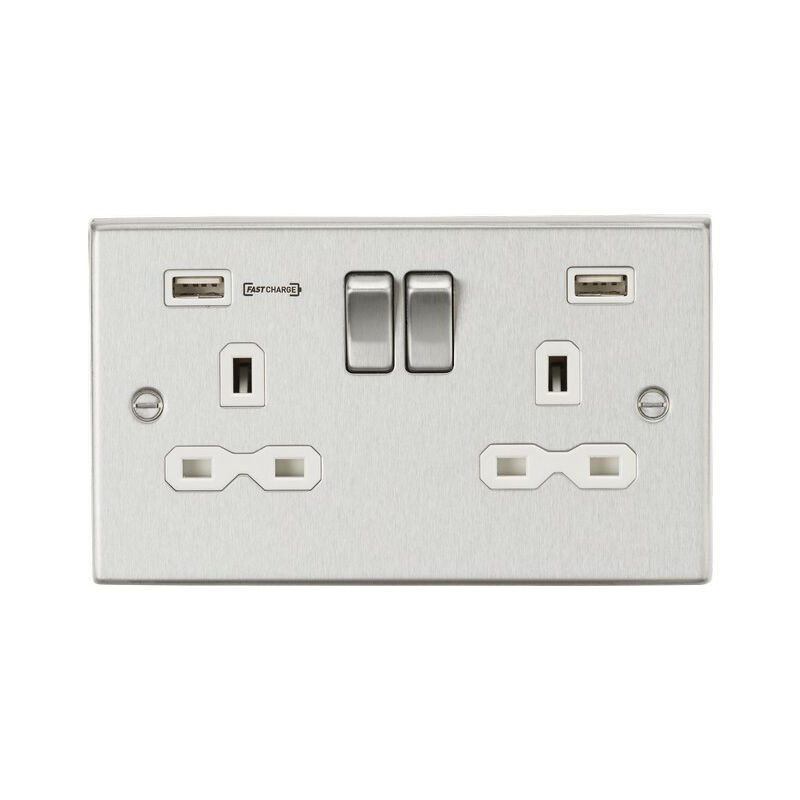 Knightsbridge 13A 2G DP Switched Socket with Dual USB Charger (Type-A FASTCHARGE port) - Brushed Chrome/White