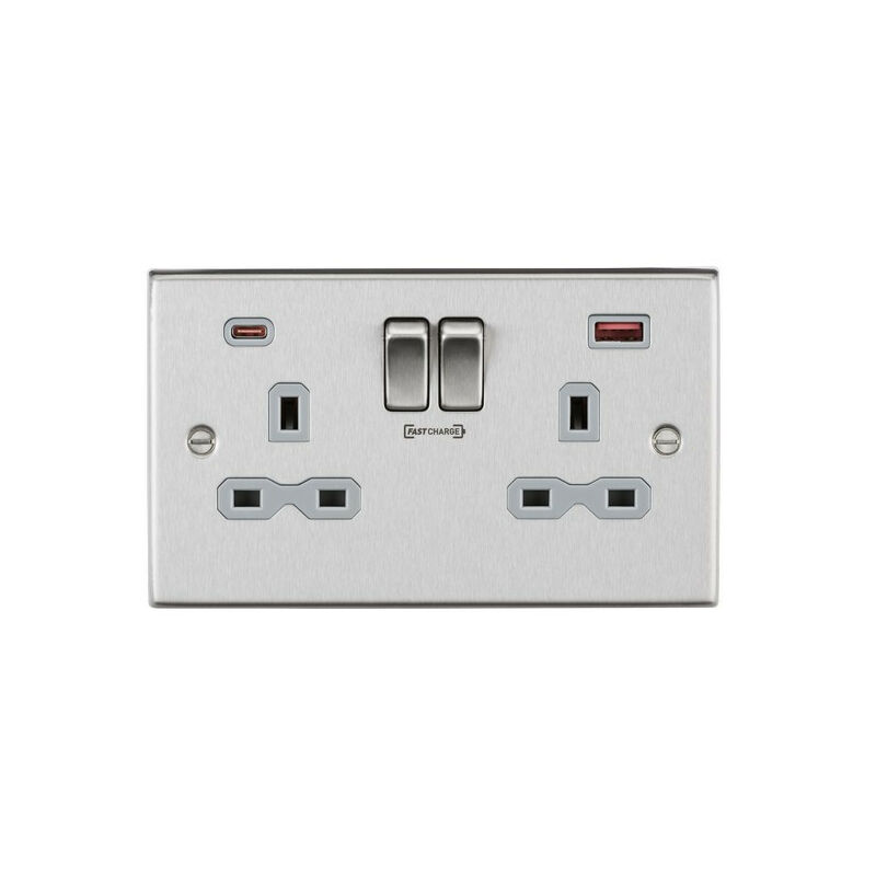 Knightsbridge 13A 2G DP Switched Socket with Dual USB FASTCHARGE ports (A + C) - Brushed Chrome with grey insert