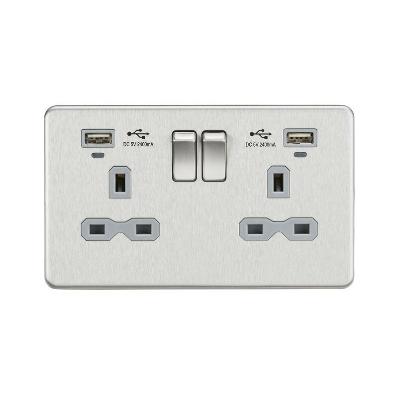 Knightsbridge 13A 2G Switched Socket, Dual USB (2.4A) with LED Charge Indicators - Brushed Chrome w/grey insert