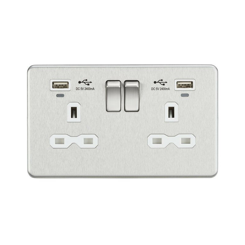 Knightsbridge 13A 2G Switched Socket, Dual USB (2.4A) with LED Charge Indicators - Brushed Chrome w/white insert