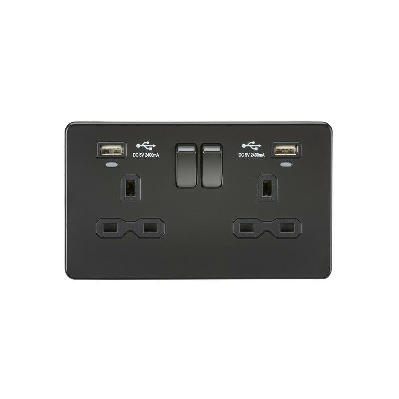 Knightsbridge 13A 2G Switched Socket, Dual USB (2.4A) with LED Charge Indicators - Matt Black