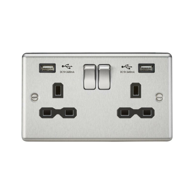 Knightsbridge 13A 2G Switched Socket Dual USB Charger (2.4A) with Black Insert - Rounded Edge Brushed Chrome