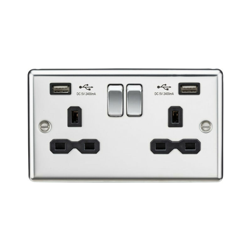 13A 2G Switched Socket Dual USB Charger (2.4A) with Black Insert - Rounded Edge Polished Chrome - Knightsbridge