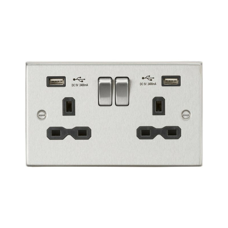 Knightsbridge 13A 2G Switched Socket Dual USB Charger (2.4A) with Black Insert - Square Edge Brushed Chrome