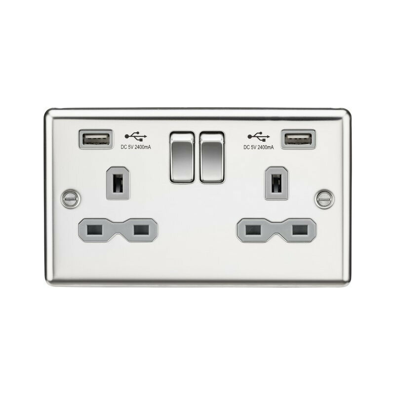 13A 2G Switched Socket Dual USB Charger (2.4A) with Grey Insert - Rounded Edge Polished Chrome - Knightsbridge