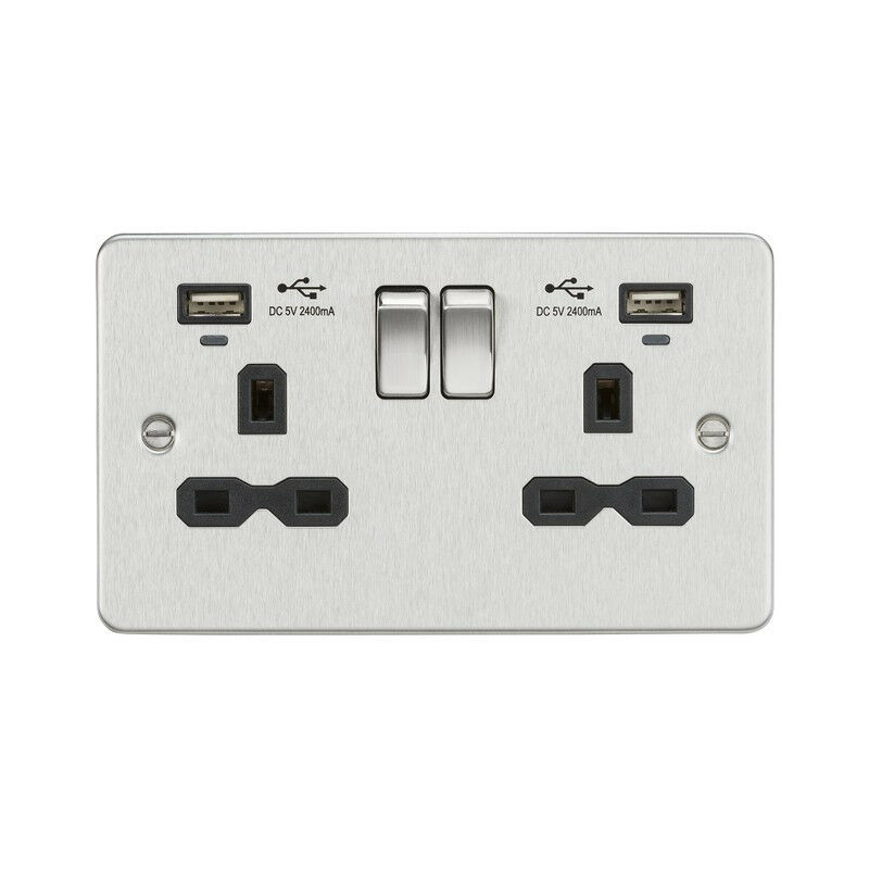 Knightsbridge 13A 2G Switched Socket, dual USB charger (2.4A) with Indicators - Brushed Chrome with black insert