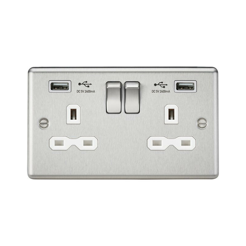 Knightsbridge 13A 2G Switched Socket Dual USB Charger (2.4A) with White Insert - Rounded Edge Brushed Chrome