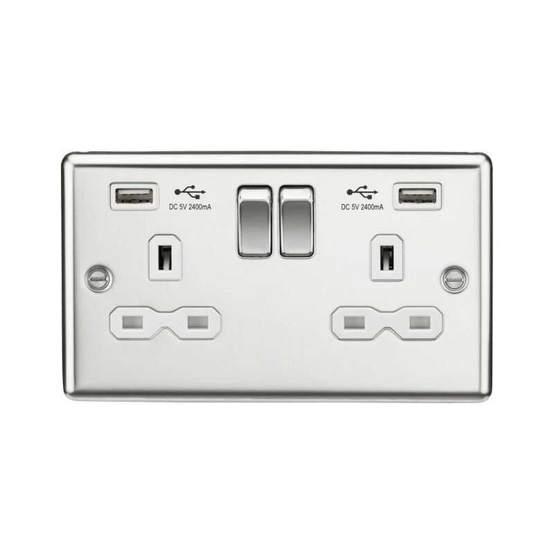 13A 2G Switched Socket Dual USB Charger (2.4A) with White Insert - Rounded Edge Polished Chrome - Knightsbridge