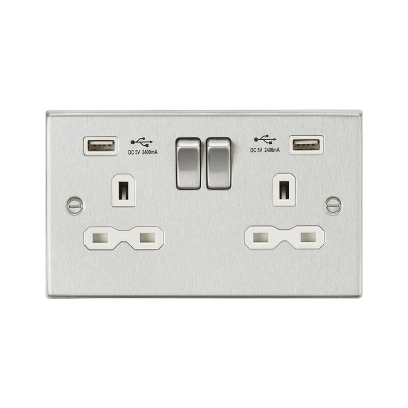 Knightsbridge 13A 2G Switched Socket Dual USB Charger (2.4A) with White Insert - Square Edge Brushed Chrome