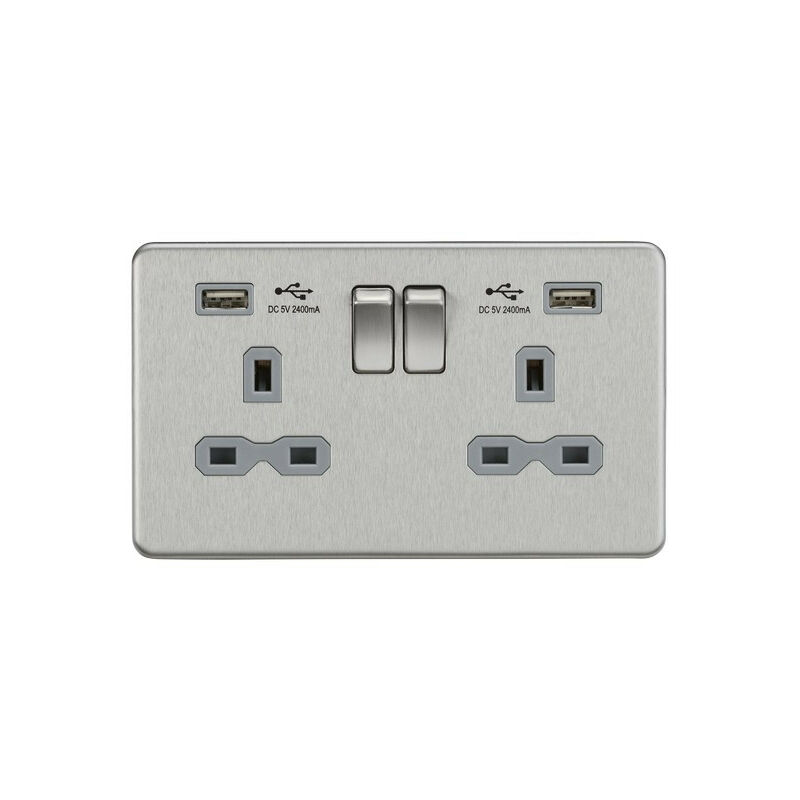 Knightsbridge - 13A 2G Switched Socket with Dual usb Charger (2.4A) - Brushed Chrome with Grey Insert