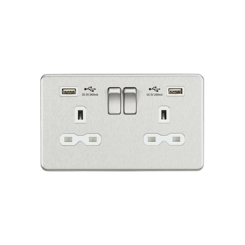 Knightsbridge 13A 2G Switched Socket with Dual USB Charger (2.4A) - Brushed Chrome with White Insert