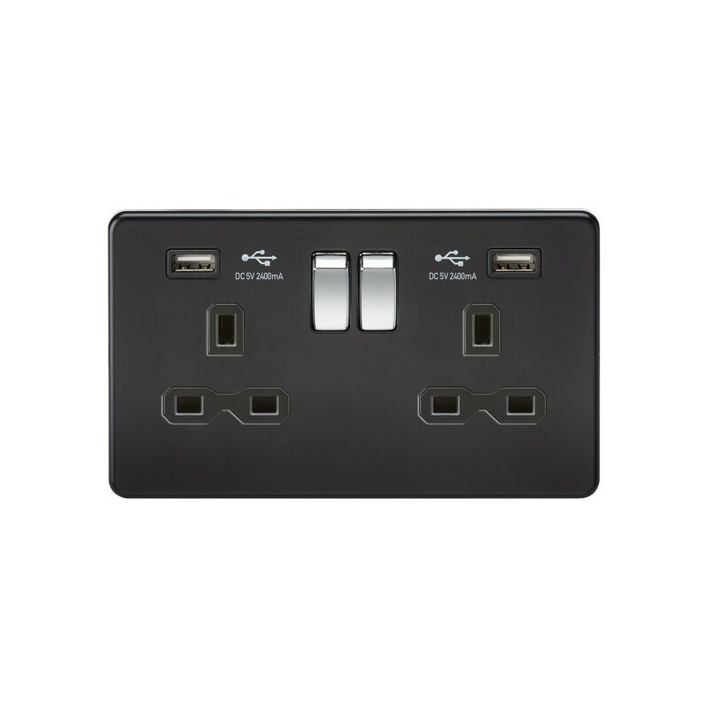 Knightsbridge 13A 2G Switched Socket with Dual USB Charger (2.4A) - Matt Black with Chrome Rockers