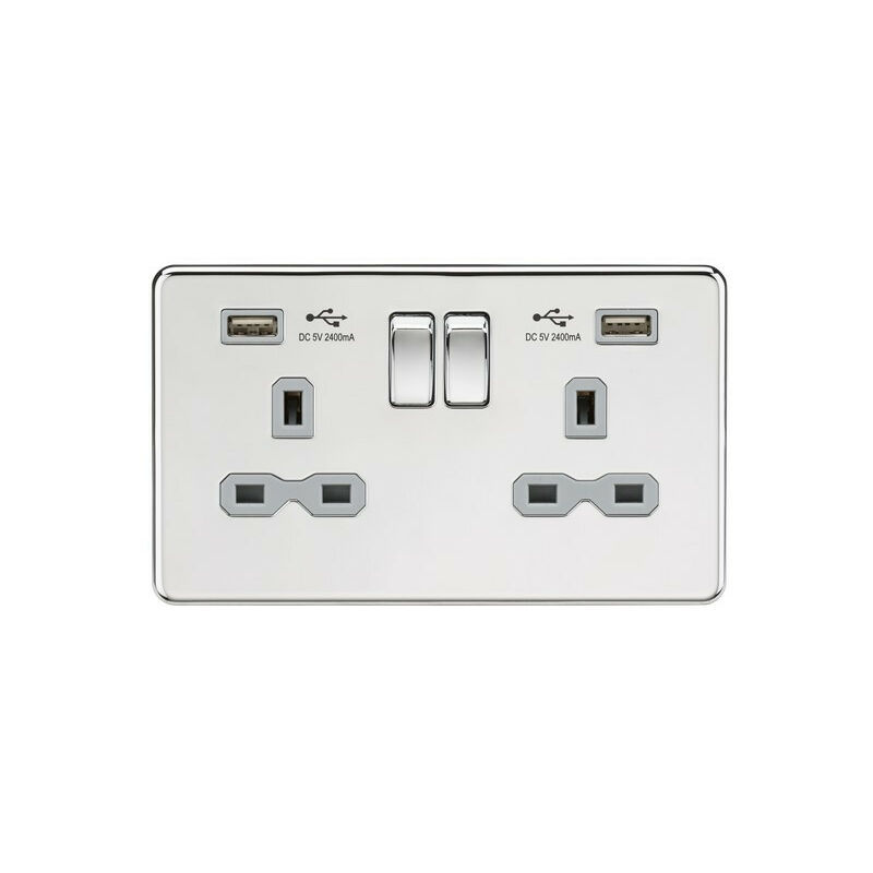 Knightsbridge 13A 2G Switched Socket with Dual USB Charger (2.4A) - Polished Chrome with Grey Insert