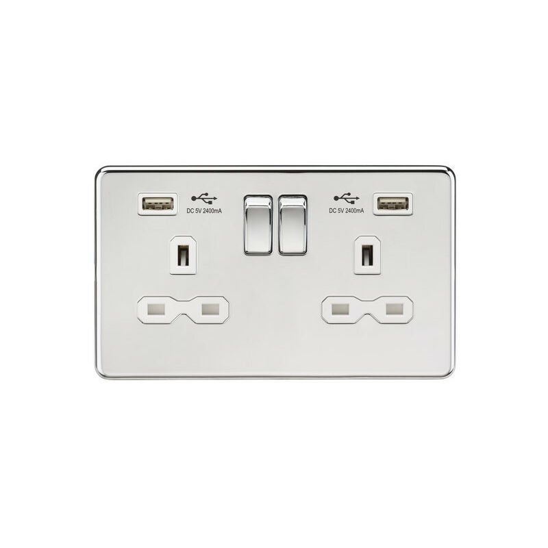 Knightsbridge 13A 2G Switched Socket with Dual USB Charger (2.4A) - Polished Chrome with White Insert