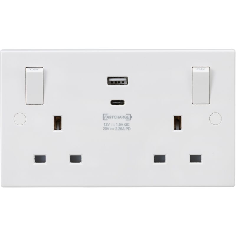 13A 2G Switched socket with outboard rockers and dual usb (a+c) QC18W / usb-pd 45W - SN9003 - Knightsbridge
