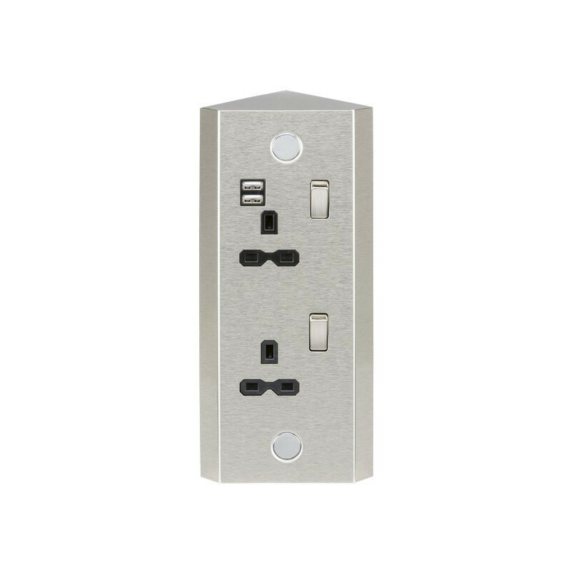Knightsbridge 13A 2G Vertical Switched Socket with Dual USB Charger (2.4A) - Stainless Steel with black insert
