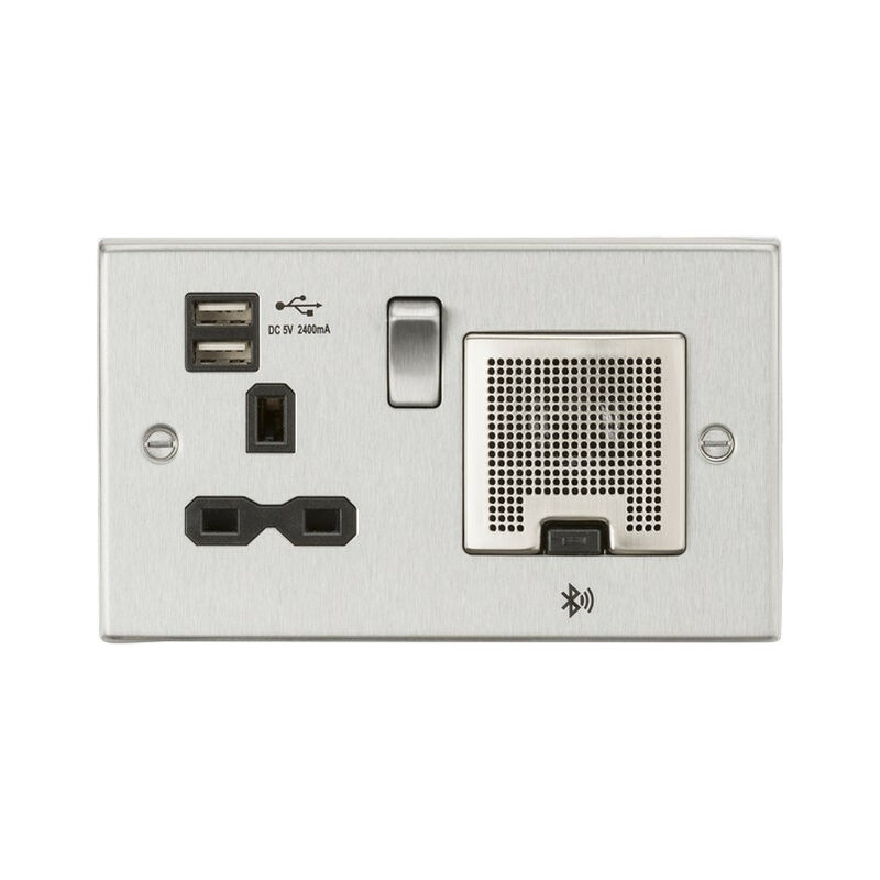 Knightsbridge Switches Sockets&lighting - Knightsbridge 13A Socket, USB chargers (2.4A), & Bluetooth Speaker - Square Edge Brushed Chrome with black