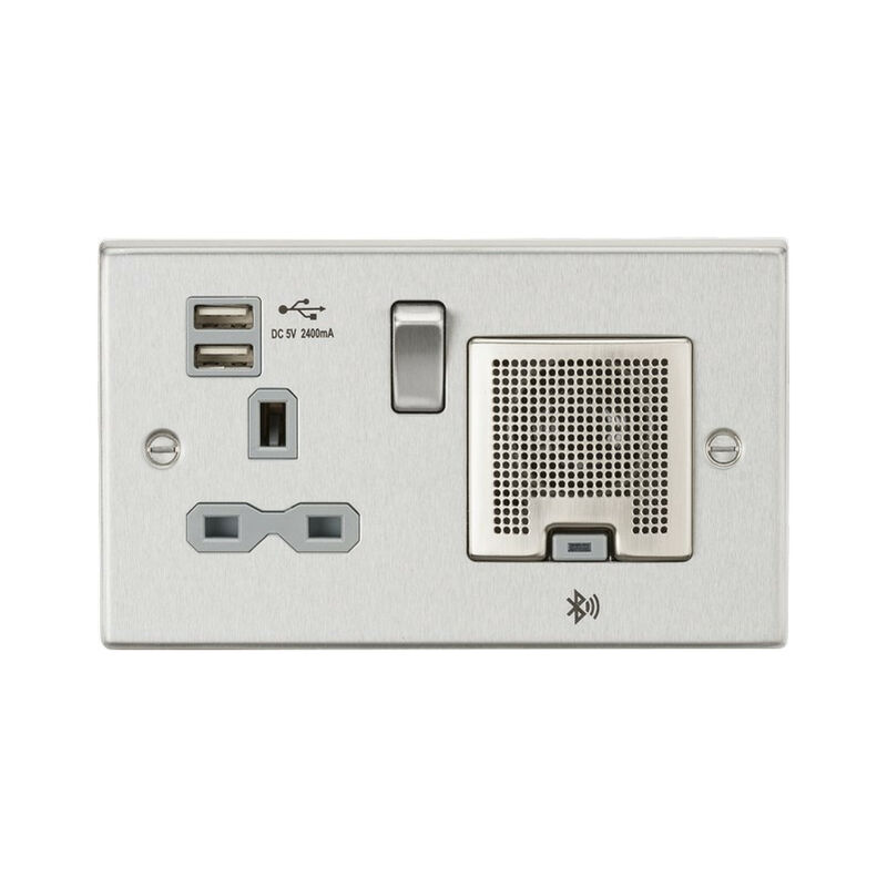 Knightsbridge Switches Sockets&lighting - Knightsbridge 13A Socket, USB chargers (2.4A), & Bluetooth Speaker - Square Edge Brushed Chrome with grey