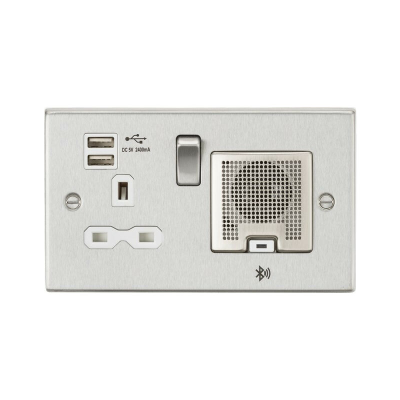 Knightsbridge Switches Sockets&lighting - Knightsbridge 13A Socket, USB chargers (2.4A), & Bluetooth Speaker - Square Edge Brushed Chrome with white