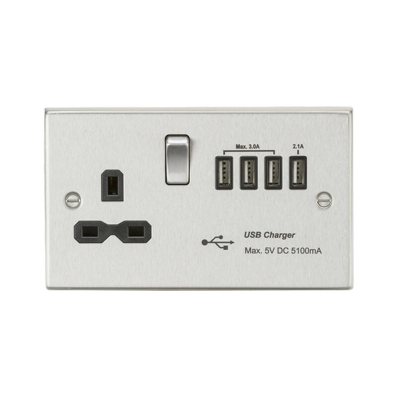 Knightsbridge 13A switched socket with quad USB charger (5.1A) - brushed chrome with black insert