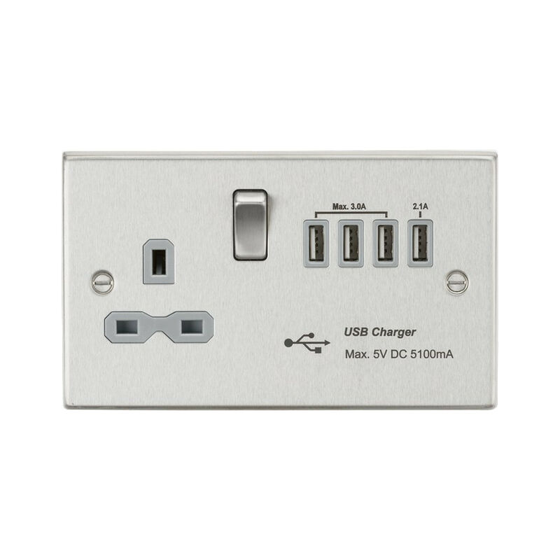 Knightsbridge 13A switched socket with quad USB charger (5.1A) - brushed chrome with grey insert
