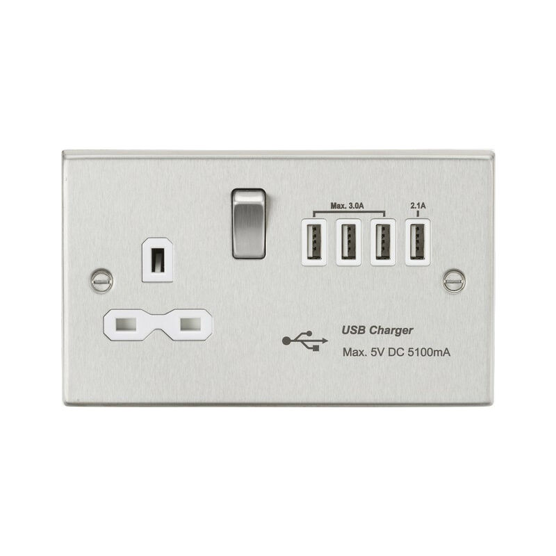 Knightsbridge 13A switched socket with quad USB charger (5.1A) - brushed chrome with white insert