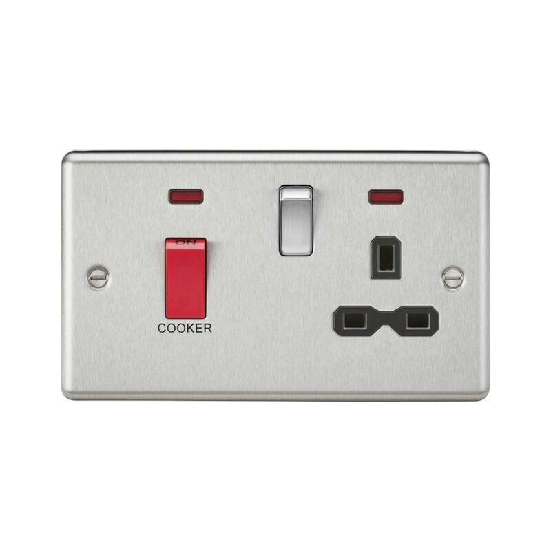 Knightsbridge 45A DP Cooker Switch & 13A Switched Socket with Neons & Black Insert - Rounded Edge Brushed Chrome