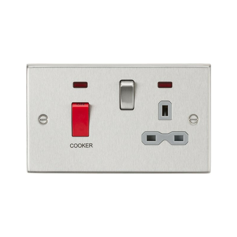 Knightsbridge 45A DP Cooker Switch & 13A Switched Socket with Neons & Grey Insert - Square Edge Brushed Chrome