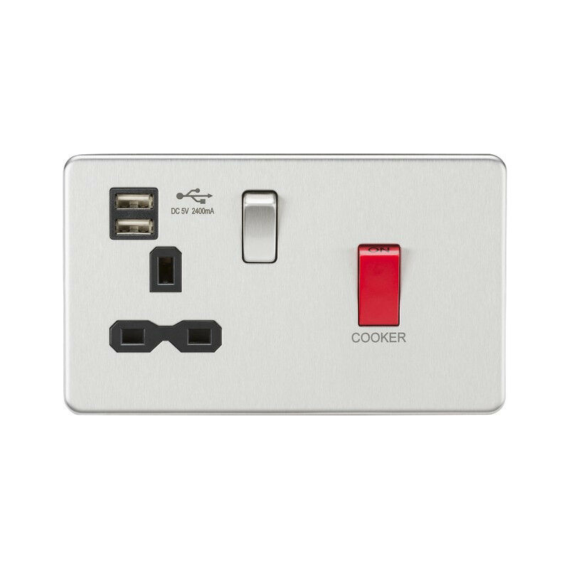 Knightsbridge 45A DP Switch & 13A Switched Socket with Dual USB Charger 2.4A - Brushed Chrome with black insert
