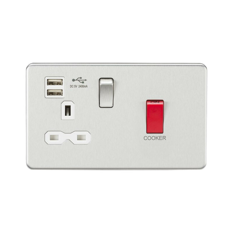 Knightsbridge 45A DP Switch & 13A Switched Socket with Dual USB Charger 2.4A - Brushed Chrome with white insert