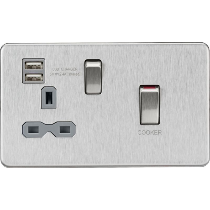 Knightsbridge 45A DP Switch and 13A switched socket with dual USB charger - brushed chrome with grey insert - SFR83UMBCG