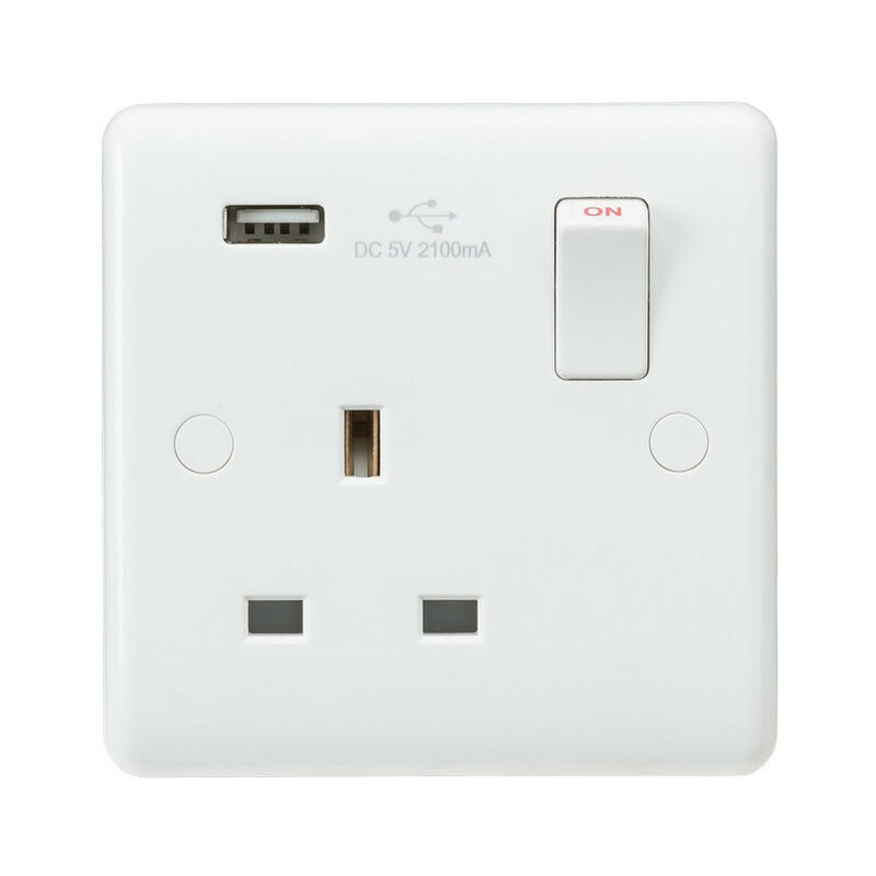 Knightsbridge Curved Edge 13A 1G Switched Socket with USB Charger (5V DC 2.1A)