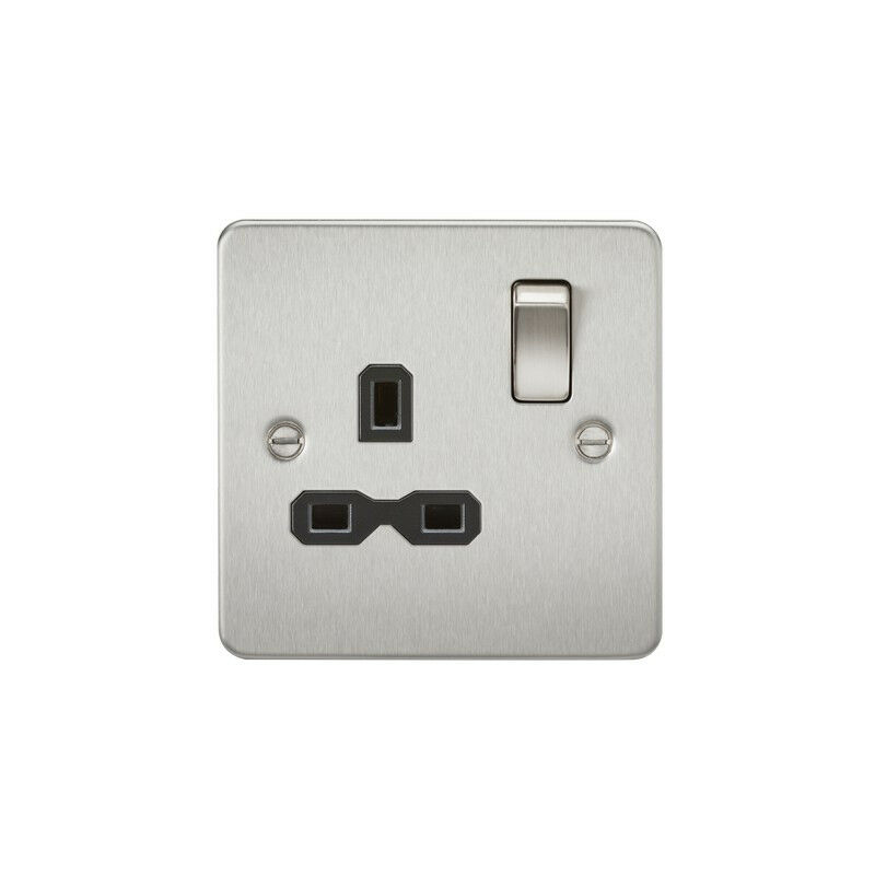 Knightsbridge Flat plate 13A 1G DP switched socket - brushed chrome with black insert