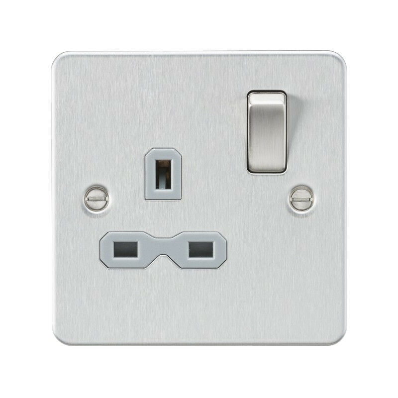 Knightsbridge Flat plate 13A 1G DP switched socket - brushed chrome with grey insert