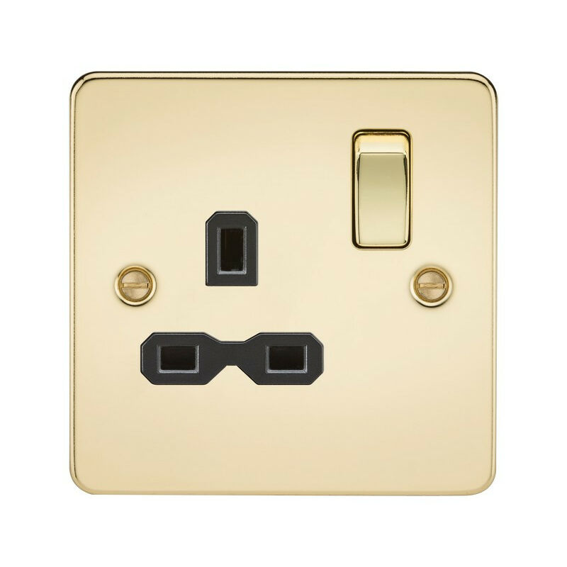 Knightsbridge Flat plate 13A 1G DP switched socket - polished brass with black insert
