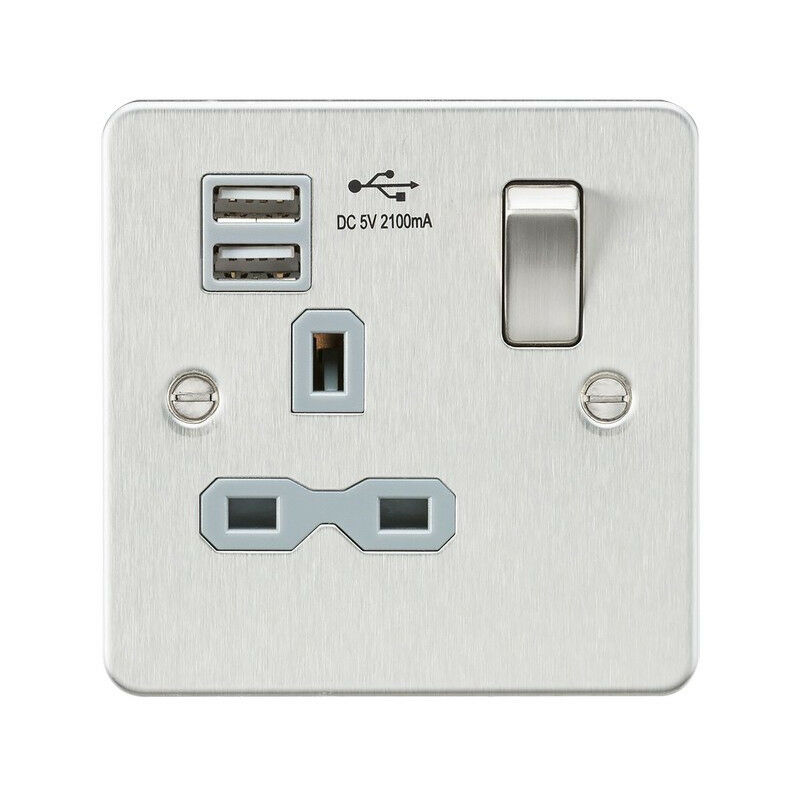 Knightsbridge Flat plate 13A 1G switched socket with dual USB charger (2.1A) - brushed chrome with grey insert