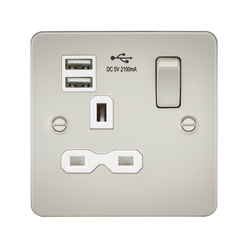 Knightsbridge Flat plate 13A 1G switched socket with dual USB charger (2.1A) - pearl with white insert